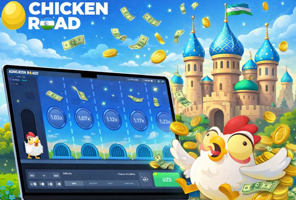 Chicken Road game screen with a castle backdrop and a chicken tossing golden coins