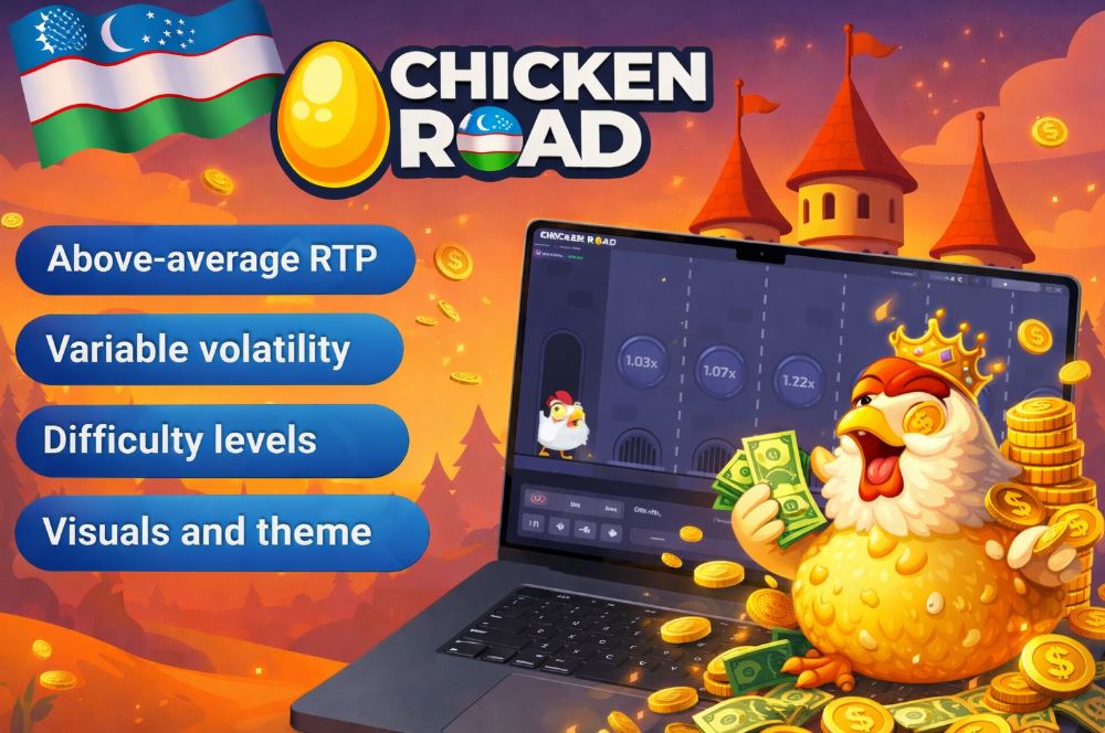 Laptop showing the Chicken Road interface with paths and multipliers on an animated orange scene