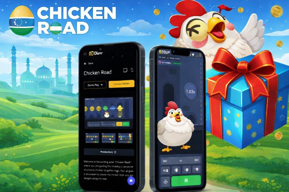 Two phones showing Chicken Road and the official InOut Games page with a happy chicken and a gift box
